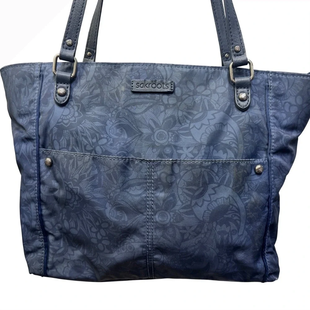 Sakroots Artist Circle Navy Blue Floral Print Large Zip Top Tote Shoulder Bag